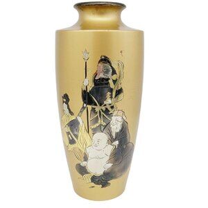 Vintage Japanese Mixed Metal Vase 8.25" Etched Engraved Signature Gold Asian